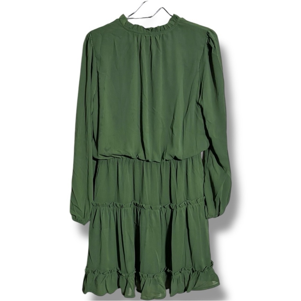 Amazon Army Green Ruffled Tiered V Neck Tie Loose Fit Long Sleeve Mini Sundress - Picture 16 of 16